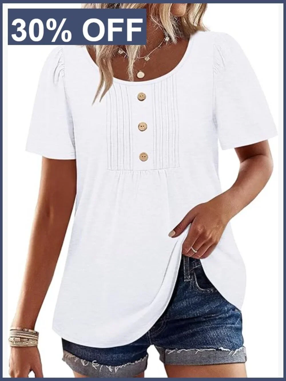 Dressy Casual Short Sleeve Blouse Button Pleated Front Tunic Top